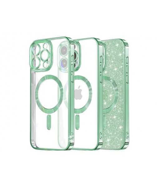 Husa iPhone 14 Pro Max, Crystal Glitter MagSafe cu Protectie La Camere, Light Green